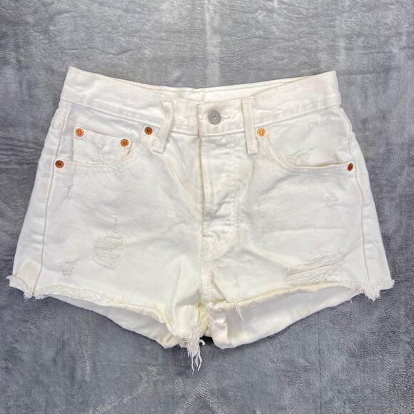 Levi's 501 Distressed Cutoff Denim Shorts Women Sz 25 White 100% Cotton MSRP $70 - Picture 1 of 10
